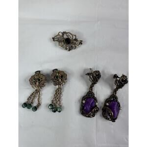 Vintage Victorian Goth Screwback Earrings W Germany Clip On Brooch Costume